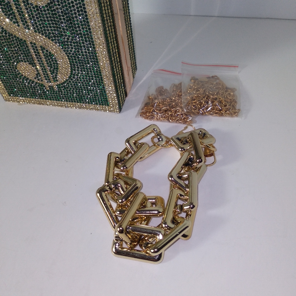 Green/Gold Rhinestone Dollar Sign Clutch Bag - Picture 4 of 8
